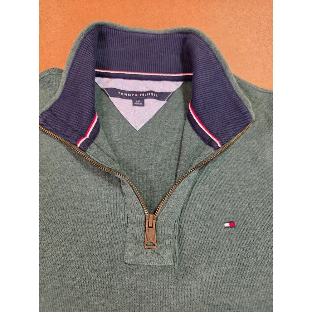 Tommy Hilfiger Mens Green Quarter Zip Pullover Cotton Sweater Size Large